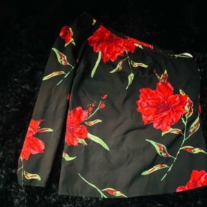 Black satin with red flowers asymmetrical long sleeve shirt